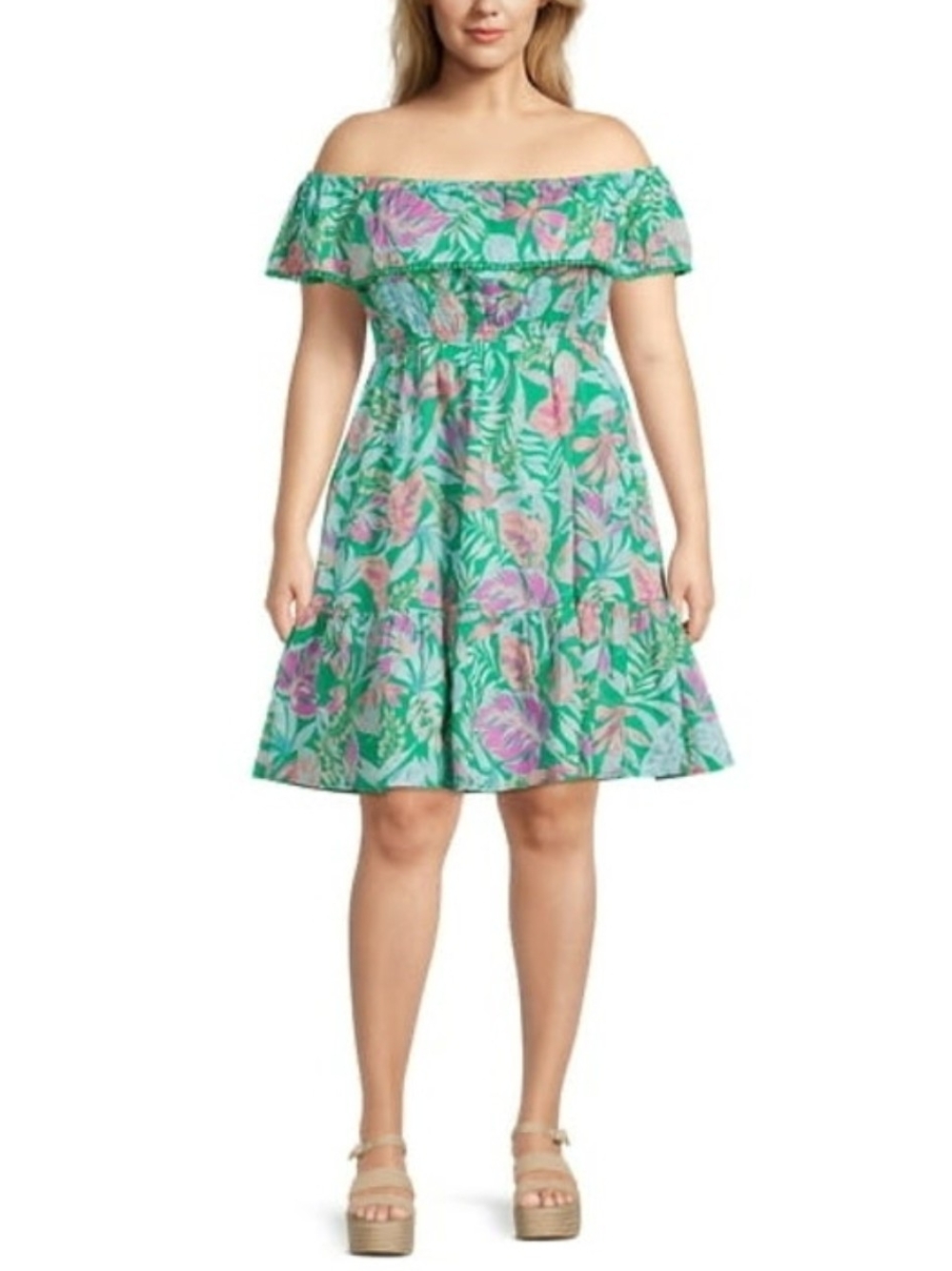 Terra & Sky Green Tropical Off-Shoulder Dress with Pink Floral Print